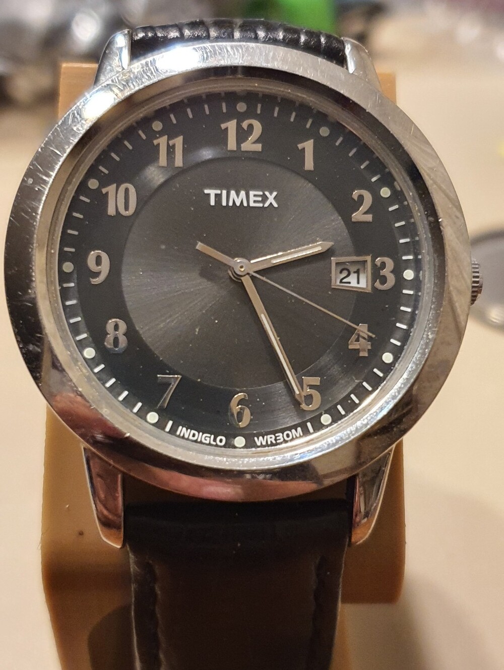 Timex Silver/Black Leather Men's Watch w/Date